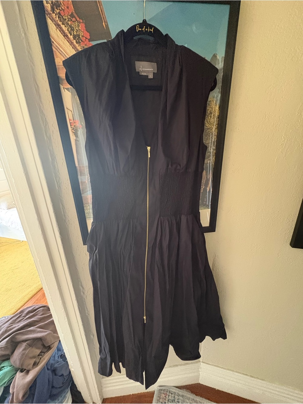 Anthropologie Black Midi Dress with Front Zip, Smocked Waist, and Shoulder Pads